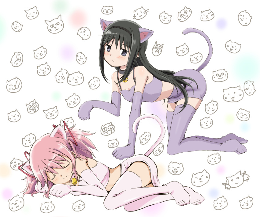 2girls akemi_homura all_fours animal_ears animal_hands bell black_hair cat_ears cat_girl cat_paws cat_tail cathead closed_eyes hairband kaname_madoka kinfuji long_hair lying mahou_shoujo_madoka_magica multiple_girls neck_bell on_side pink_hair short_hair short_twintails simple_background skirt sleeping tail tank_top twintails violet_eyes