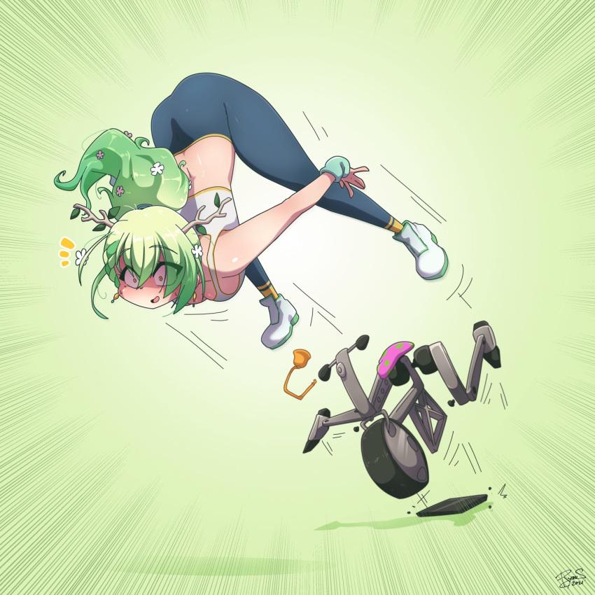 1girl airborne antlers blue_pants boots brown_eyes ceres_fauna constricted_pupils crop_top eyebrows_visible_through_hair green_hair highres hololive hololive_english long_hair looking_away mole mole_under_eye pants ponytail ryou_sakai shaded_face solo surprised virtual_youtuber white_footwear