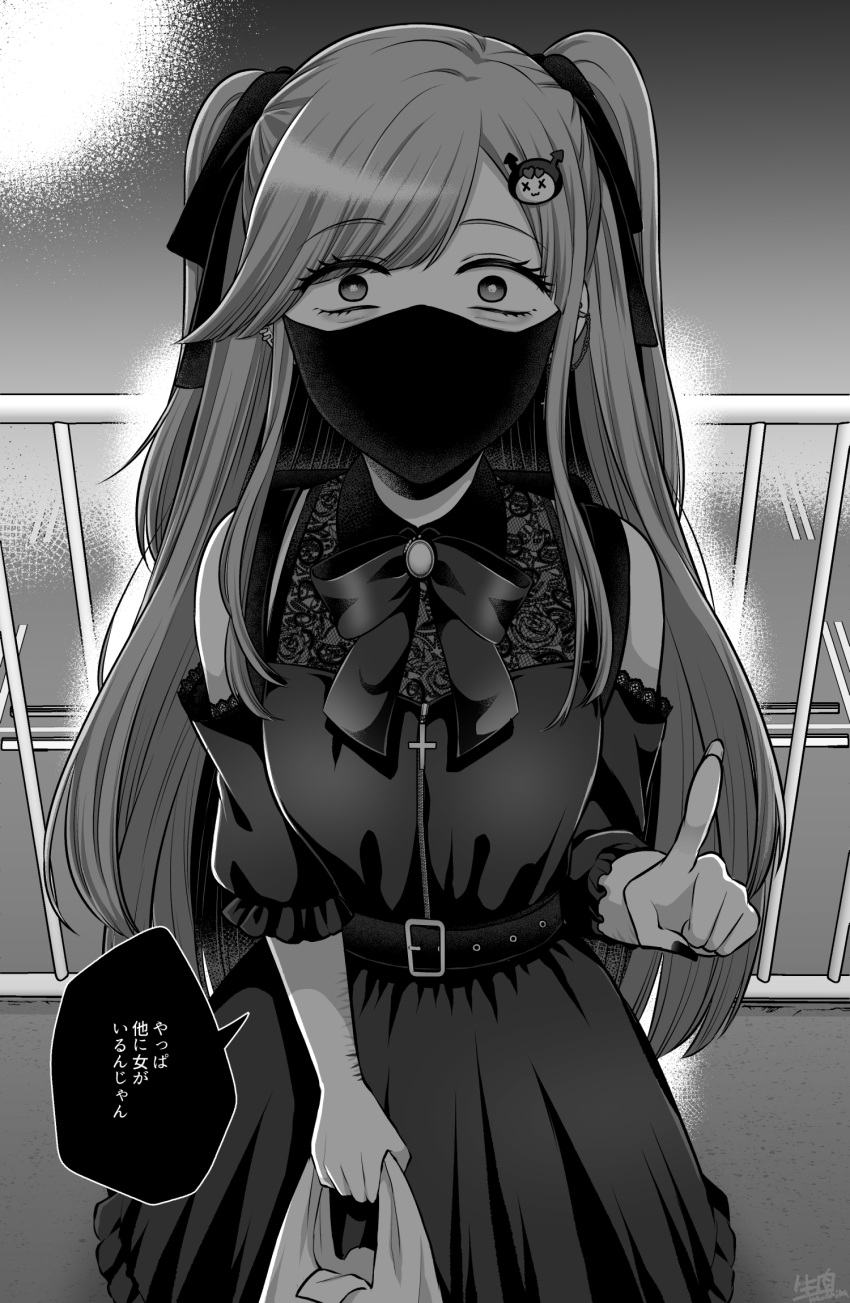 1girl bag bangs bare_shoulders black_bow black_bowtie black_dress black_mask bow bowtie brooch detached_sleeves dress greyscale highres holding holding_bag index_finger_raised jewelry lace long_hair looking_at_viewer monochrome namaniku_(nmnk2020) original railing signature solo standing swept_bangs translation_request two_side_up wide-eyed