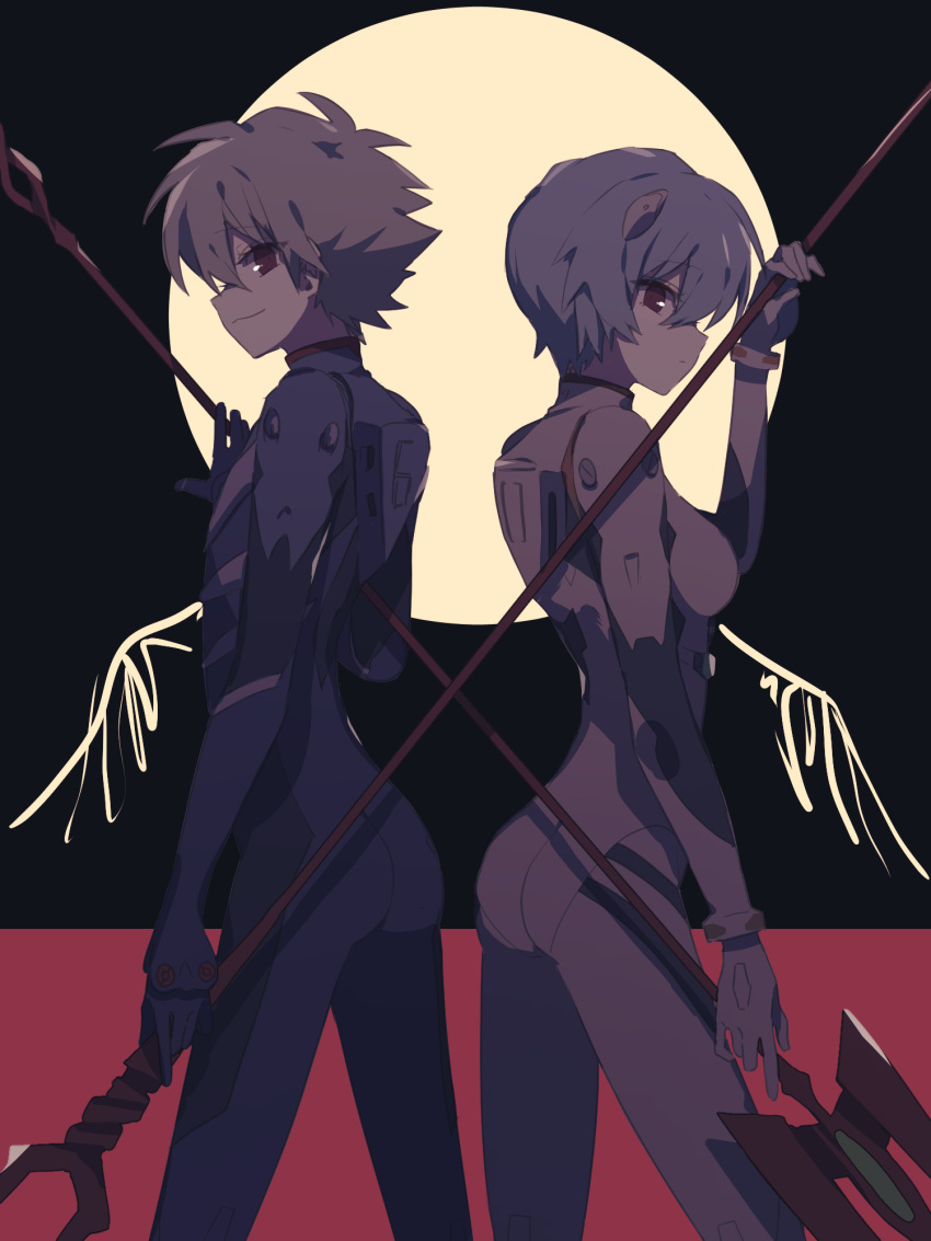 1boy 1girl ayanami_rei bangs black_bodysuit blue_hair bob_cut bodysuit closed_mouth cowboy_shot expressionless eyebrows_visible_through_hair grey_hair highres holding holding_polearm holding_weapon interface_headset lance_of_longinus looking_at_viewer nagisa_kaworu neon_genesis_evangelion pilot_suit plugsuit polearm rebuild_of_evangelion red_eyes shirasunuko short_hair smile spear_of_cassius standing weapon white_bodysuit