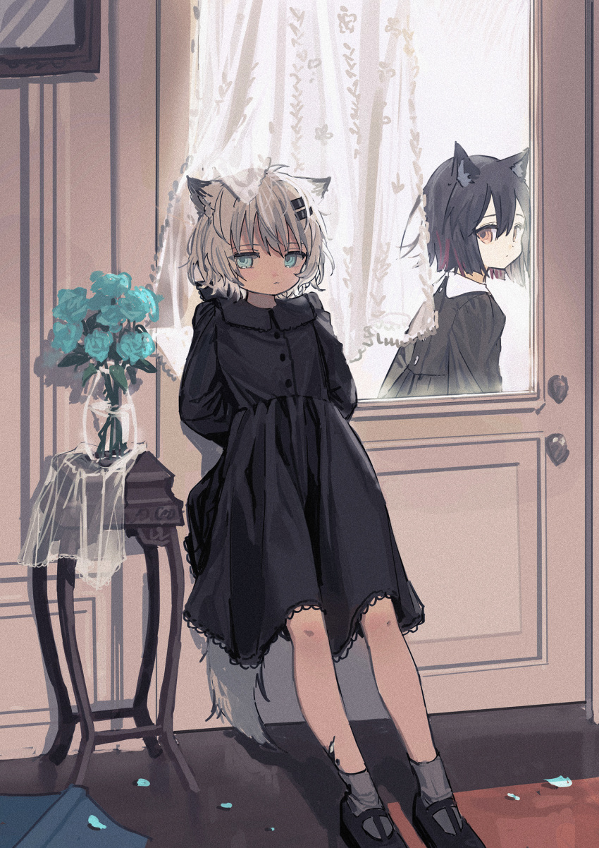 2girls against_door alternate_costume animal_ear_fluff animal_ears arknights arms_behind_back bangs black_dress black_footwear black_hair blue_eyes blue_flower book brown_eyes closed_mouth curtains day dress eyebrows_visible_through_hair flower hair_ornament hairclip highres indoors lappland_(arknights) long_sleeves multicolored_hair multiple_girls oripathy_lesion_(arknights) red_(girllove) redhead short_hair silver_hair standing streaked_hair tail texas_(arknights) vase wolf_ears wolf_girl wolf_tail younger