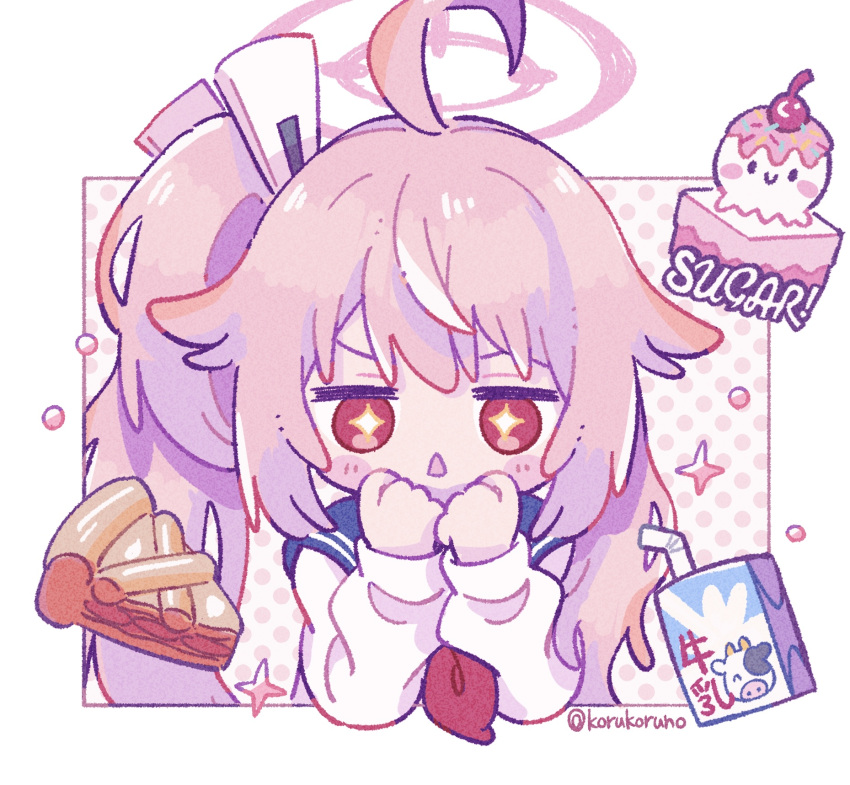 +_+ 1girl :&lt; ahoge bangs bendy_straw blue_archive blue_sailor_collar blush_stickers chibi cropped_torso drinking_straw english_text eyebrows_behind_hair halo hands_up highres koru_koruno long_hair long_sleeves milk_carton natsu_(blue_archive) parted_lips pie_slice pink_hair polka_dot polka_dot_background puffy_long_sleeves puffy_sleeves red_eyes sailor_collar school_uniform serafuku shirt side_ponytail sleeves_past_wrists solo triangle_mouth twitter_username upper_body v-shaped_eyebrows very_long_hair white_background white_shirt