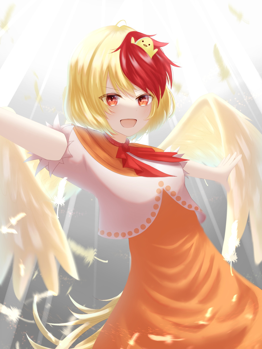 1girl :d absurdres anima_miko bangs bird bird_on_hand bird_wings blonde_hair chick cowboy_shot dress eyebrows_visible_through_hair highres light_rays looking_at_viewer multicolored_hair niwatari_kutaka open_mouth orange_dress red_eyes redhead shirt short_hair smile solo standing touhou two-tone_hair v-shaped_eyebrows white_shirt wings yellow_wings