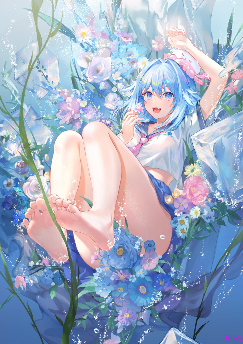 1girl :d arm_up artist_name atdan bangs bare_legs barefoot blue_eyes blue_flower blue_hair blue_sailor_collar blue_skirt breasts commentary english_commentary eyebrows_visible_through_hair feet flower full_body hair_between_eyes haiyi hand_up highres holding holding_flower ice ice_cube looking_at_viewer medium_hair necktie pink_flower pink_necktie purple_flower sailor_collar school_uniform serafuku shirt short_sleeves skirt smile soles solo synthesizer_v toes underwater white_flower white_shirt