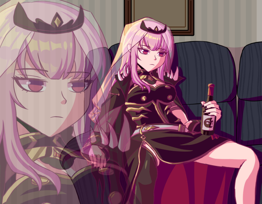 1girl bottle couch death-sensei_(mori_calliope) depressed dress hololive hololive_english long_hair looking_afar meme mori_calliope on_couch pink_eyes pink_hair redlettermedia rich_evans single_thighhigh sitting slouching solo thigh-highs tiara veil virtual_youtuber wine_bottle zetxune zoom_layer