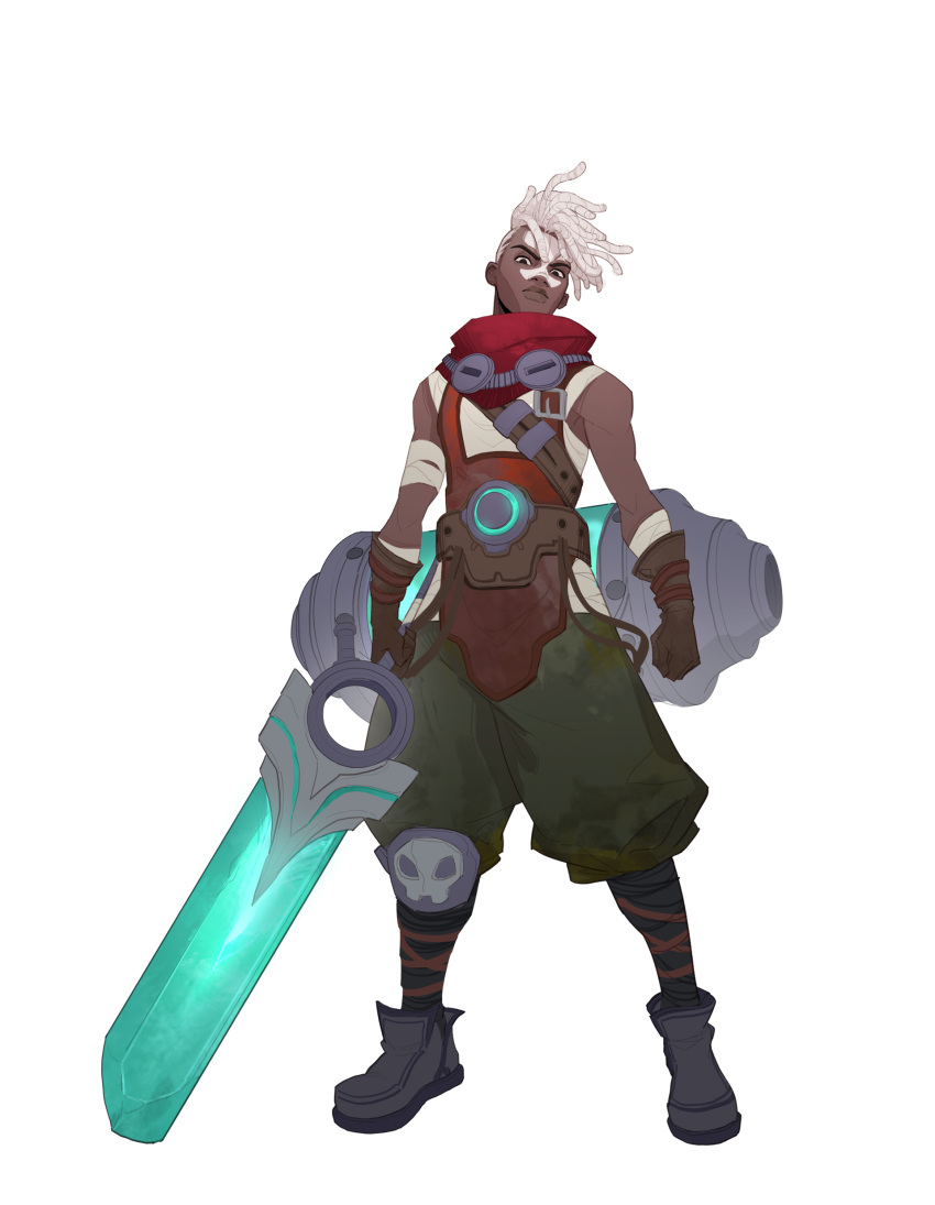 1boy absurdres alternate_costume alternate_hairstyle baggy_pants bangs bare_shoulders black_footwear brown_gloves closed_mouth dark-skinned_male dark_skin ekko_(league_of_legends) facial_mark full_body gloves green_pants highres holding holding_weapon league_of_legends looking_at_viewer pants qifeng_lin shirt shoes standing weapon white_shirt