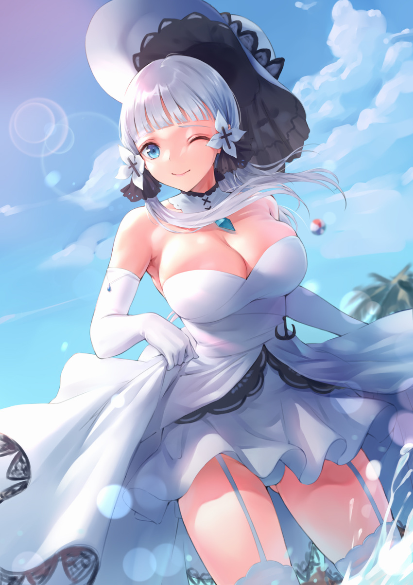 1girl ass_visible_through_thighs azur_lane bare_shoulders blue_sky breasts detached_collar dress elbow_gloves from_below gloves hat highres illustrious_(azur_lane) lace-trimmed_dress lace_trim large_breasts looking_at_viewer looking_down minato_asuka ocean one_eye_closed panties pantyshot sky sleeveless sleeveless_dress solo standing strapless strapless_dress sun_hat thigh-highs thighs underwear white_dress white_garter_straps white_gloves white_headwear white_legwear white_panties