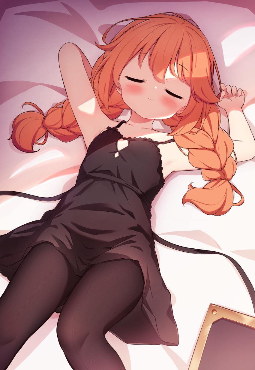 1girl absurdres arm_behind_head armpits arms_up bangs bare_arms bare_shoulders bed_sheet black_dress black_legwear blush braid closed_eyes closed_mouth clothes_pull dress eyebrows_visible_through_hair facing_viewer hair_between_eyes highres long_hair looking_at_viewer low_twintails lying on_back orange_hair pantyhose pantyhose_pull princess_connect! setmen sleeveless sleeveless_dress solo twin_braids twintails yuni_(princess_connect!)