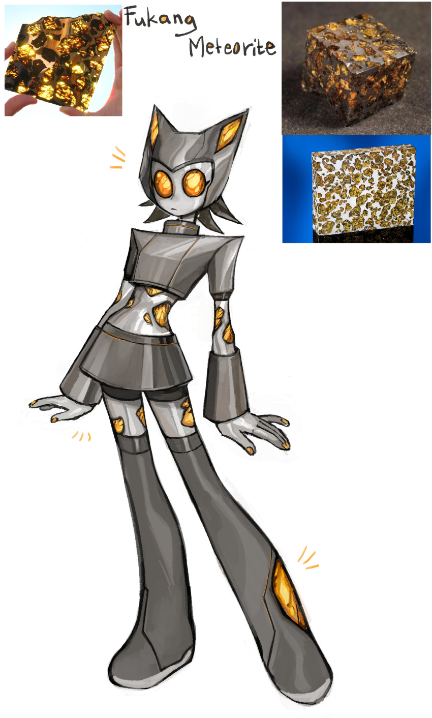 1girl absurdres closed_mouth colored_skin commission fingernails grey_skin grey_skirt helmet highres looking_at_viewer matilda_fiship metal_skin monster_girl notice_lines original personification short_hair simple_background skirt solo standing white_background yellow_eyes yellow_nails