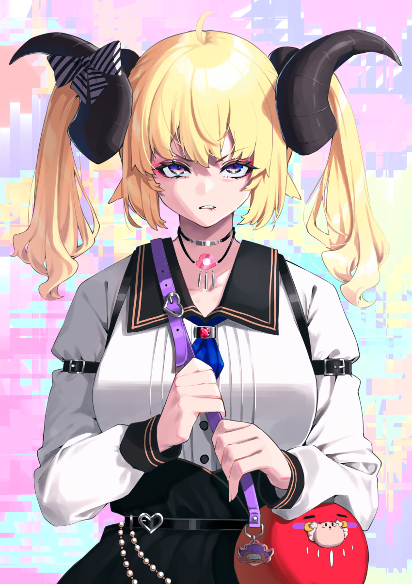 1girl absurdres ahoge alternate_horns animal_ears arm_strap bag bangs belt biting black_belt black_skirt blonde_hair bow breasts choker commentary_request curled_horns eyebrows_visible_through_hair high-waist_skirt highres holding_strap hololive horn_bow horn_ornament horns jewelry large_breasts lip_biting long_hair long_sleeves looking_at_viewer mikan_(chipstar182) necklace sheep_ears shirt shoulder_bag skirt solo striped striped_bow tsunomaki_watame twintails v-shaped_eyebrows virtual_youtuber white_shirt