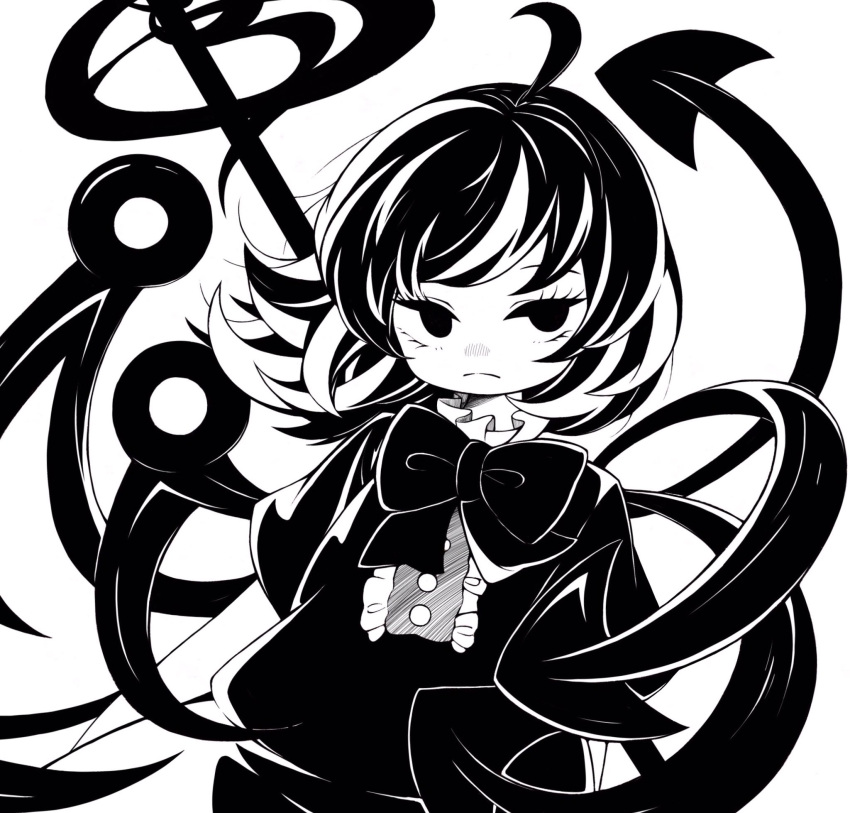1341398tkrtr 1girl ahoge asymmetrical_wings bow bowtie buttons closed_mouth commentary frown greyscale high_contrast highres houjuu_nue looking_at_viewer medium_hair monochrome shirt short_sleeves skirt skirt_set solo touhou upper_body wings