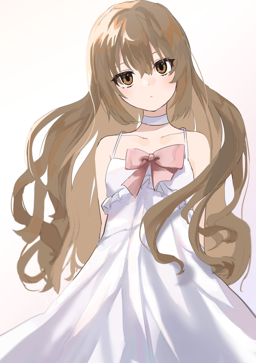 1girl absurdres aisaka_taiga arms_behind_back artist_request bangs bare_shoulders brown_eyes brown_hair closed_mouth commentary_request cowboy_shot dress eyebrows_behind_hair frilled_dress frills hair_between_eyes head_tilt highres light_blush long_dress long_hair looking_at_viewer pink_ribbon ribbon simple_background solo spaghetti_strap standing toradora! wedding_dress white_background white_dress