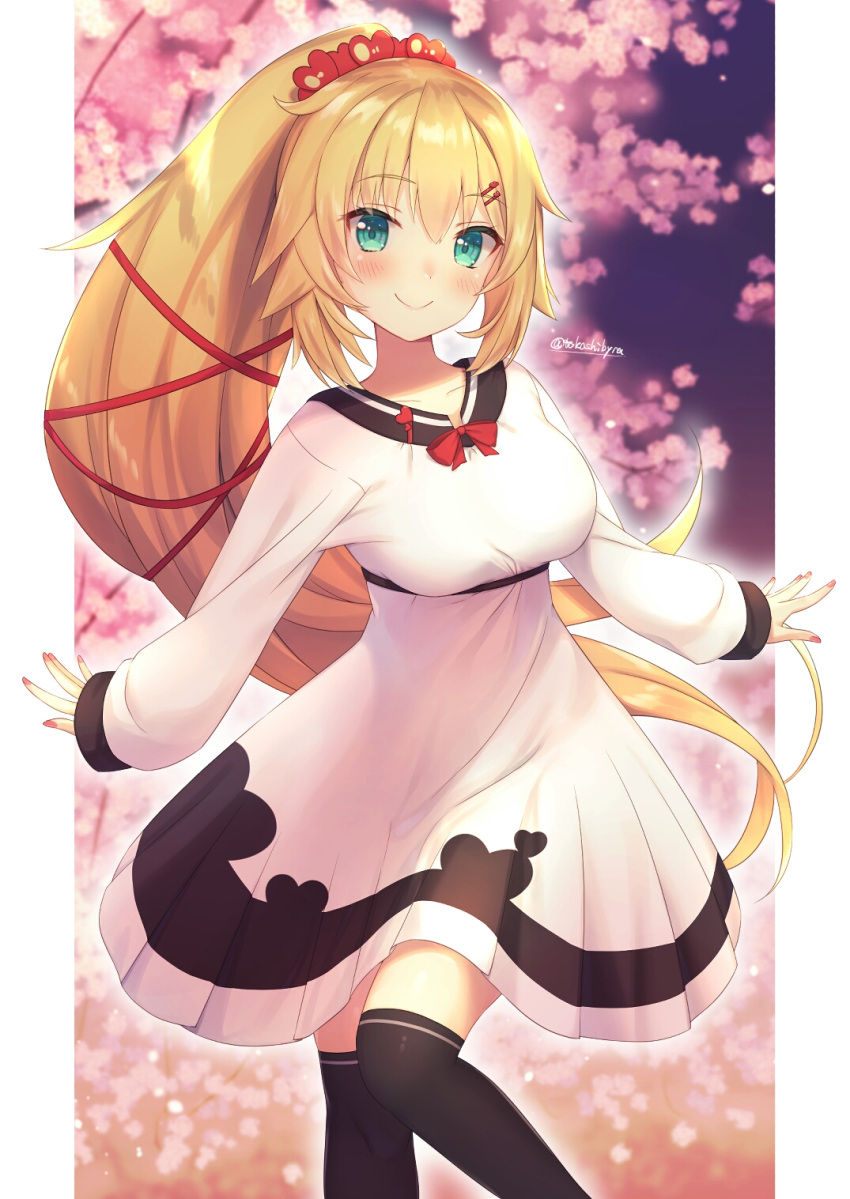 1girl akai_haato aqua_eyes bangs blonde_hair blush cherry_blossoms collarbone commentary_request dress hair_ornament hair_ribbon hairclip heart heart_hair_ornament highres hololive long_hair looking_at_viewer official_alternate_costume pillarboxed ponytail red_nails ribbon smile solo thigh-highs tokoshibyra twitter_username virtual_youtuber white_dress