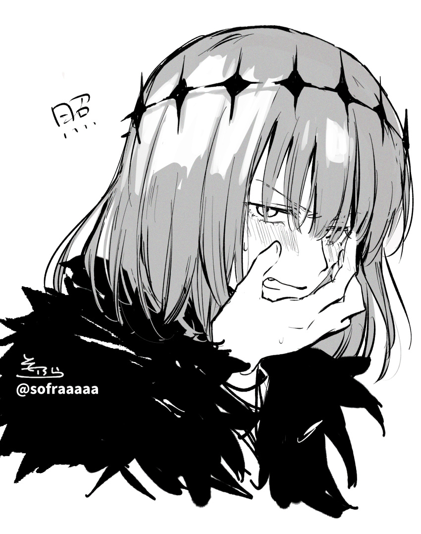 1boy absurdres bangs blush eyebrows_visible_through_hair fang fate/grand_order fate_(series) fur_trim greyscale hair_over_one_eye hand_up highres looking_at_viewer male_focus monochrome oberon_(fate) open_mouth signature simple_background sofra solo spoilers translation_request twitter_username v-shaped_eyebrows white_background