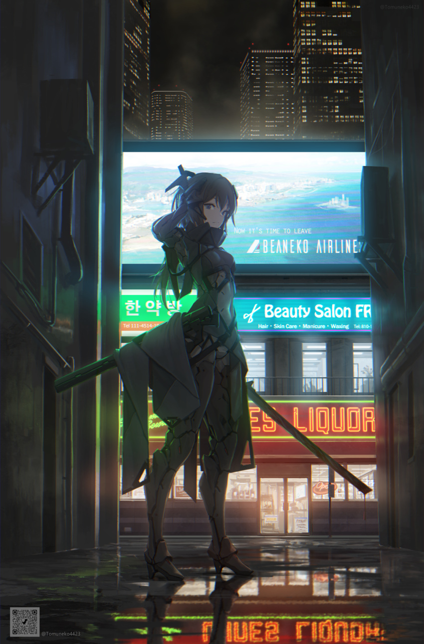 1girl armor billboard blood blood_on_weapon bodysuit breasts brown_hair building commentary_request covered_navel english_text frown full_body hand_on_own_head high_heels highres holding holding_sword holding_weapon korean_text long_hair looking_at_viewer neon_lights original reflection sheath skin_tight skyscraper small_breasts solo standing sword tom-neko_(zamudo_akiyuki) unsheathed weapon wet_ground