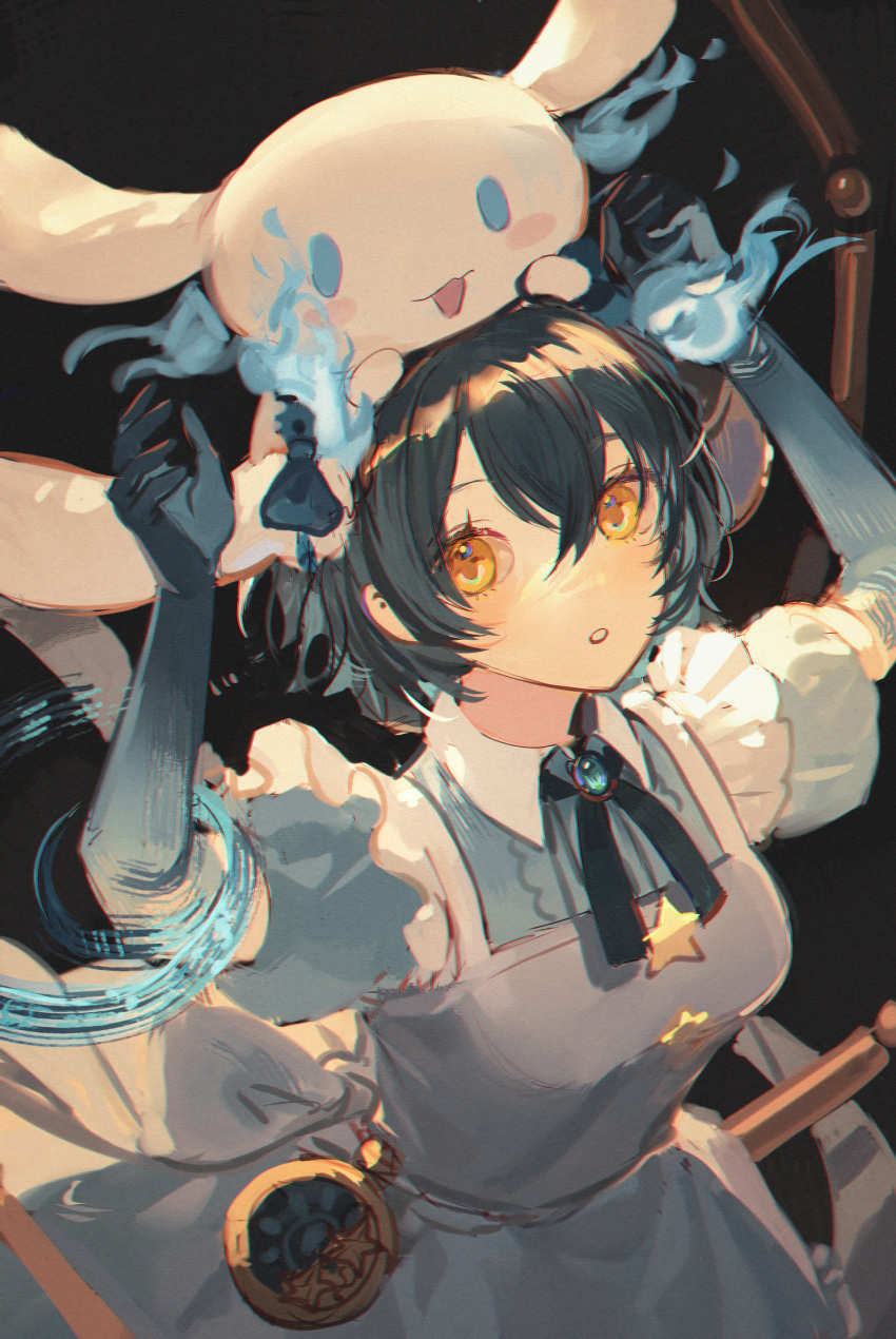 1girl :o absurdres apron arms_up bangs black_hair black_ribbon blue_dress blue_fire breasts brooch cinnamoroll collar commentary dark_background detached_collar dress eyebrows_behind_hair fire frilled_apron frills hair_between_eyes highres jewelry light_blush looking_up medium_breasts neck_ribbon open_mouth parted_lips ribbon senryoko sinoalice star_(symbol) upper_body white_apron white_collar yellow_eyes