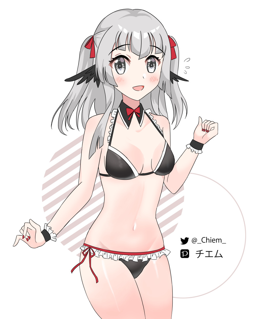 1girl absurdres bangs bikini black_swimsuit black_wings chiem chiem_(vtuber) collarbone cowboy_shot eyebrows_visible_through_hair fingernails frilled_swimsuit frills highres indie_virtual_youtuber nail_polish navel open_mouth swimsuit twitter_username virtual_youtuber white_background wings