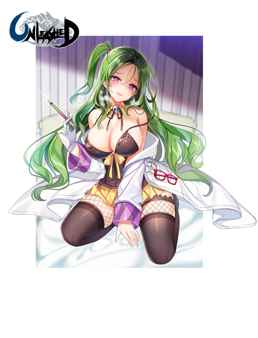 1girl absurdres black_legwear blush breasts breath eyewear_removed fangs full_body gloves green_hair heart heart-shaped_pupils highres labcoat large_breasts long_hair long_sleeves looking_at_viewer maett miniskirt off_shoulder official_art on_bed one_side_up parted_lips pink_eyes school_nurse skirt smile solo symbol-shaped_pupils syringe thigh-highs unleashed white_gloves yandere