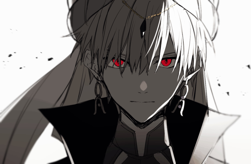 1boy closed_mouth collar debris earrings fate/grand_order fate_(series) gilgamesh_(caster)_(fate) gilgamesh_(fate) hair_between_eyes hair_ornament highres jewelry looking_at_viewer monochrome nozz177 red_eyes seriou simple_background solo solo_focus upper_body