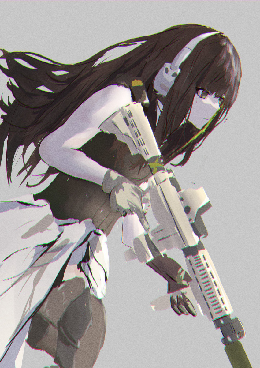 1girl assault_rifle bangs black_scarf brown_eyes brown_gloves brown_hair brown_sweater_vest closed_mouth cup eyebrows_visible_through_hair girls_frontline gloves grey_background gun headphones highres holding holding_cup long_hair looking_away m4_carbine m4a1_(girls'_frontline) rifle running scarf solo standing sweater_vest weapon wh1te