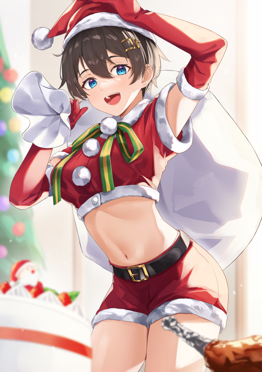 1girl :d arm_up belt black_hair blue_eyes breasts cowboy_shot crop_top elbow_gloves fur_trim gloves hair_ornament hairclip hat highres holding looking_at_viewer medium_breasts midriff navel original pom_pom_(clothes) red_gloves red_headwear red_shirt red_shorts sack santa_costume santa_hat shirt short_hair short_shorts short_sleeves shorts smile solo stomach tapioka_(oekakitapioka) thighs tomboy