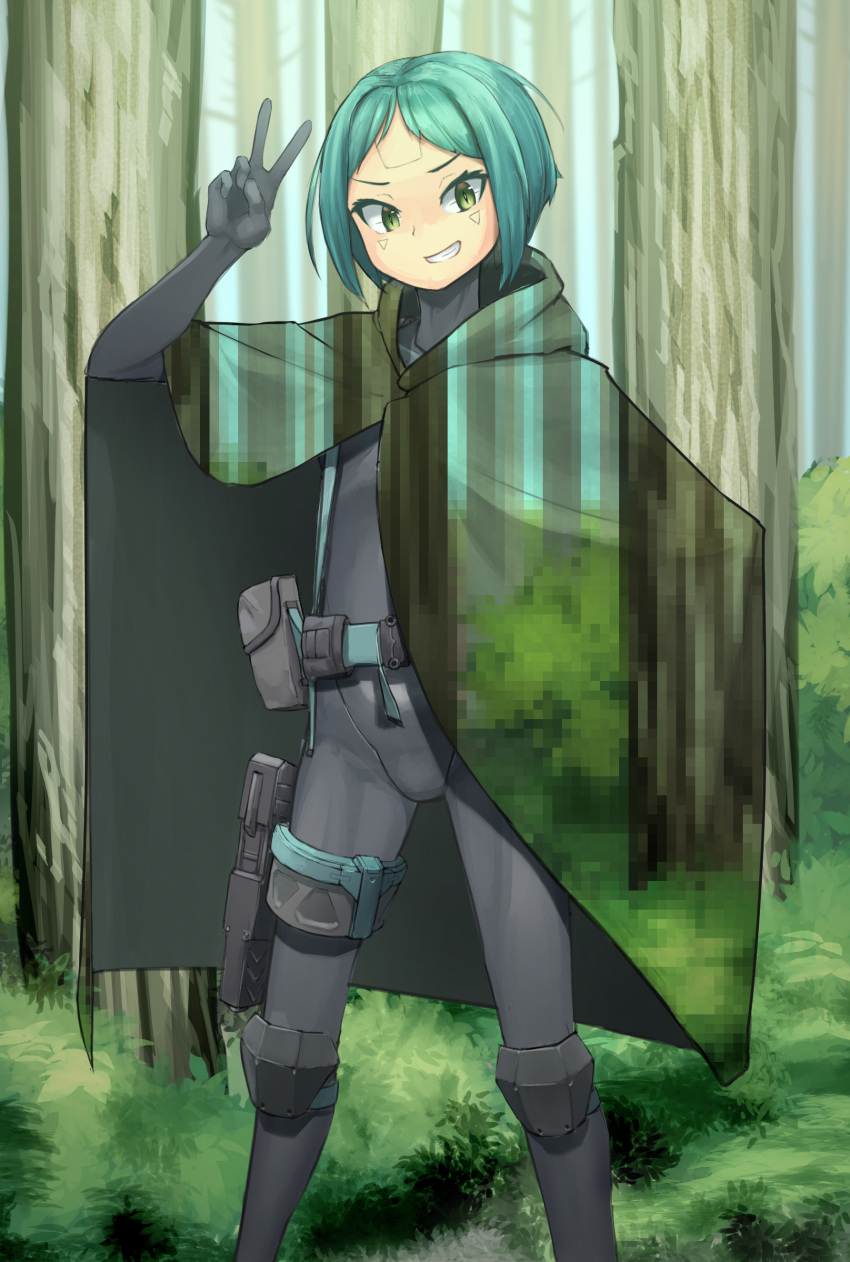 1girl absurdres android aqua_hair belt belt_pouch bodysuit camouflage_cloak cloak commentary_request forest green_eyes grey_bodysuit grin highres hispol_(04-uma-alpha) holster knee_pads looking_at_viewer nature original pouch science_fiction short_hair skin_tight slit_pupils smile solo standing thigh_holster tree v