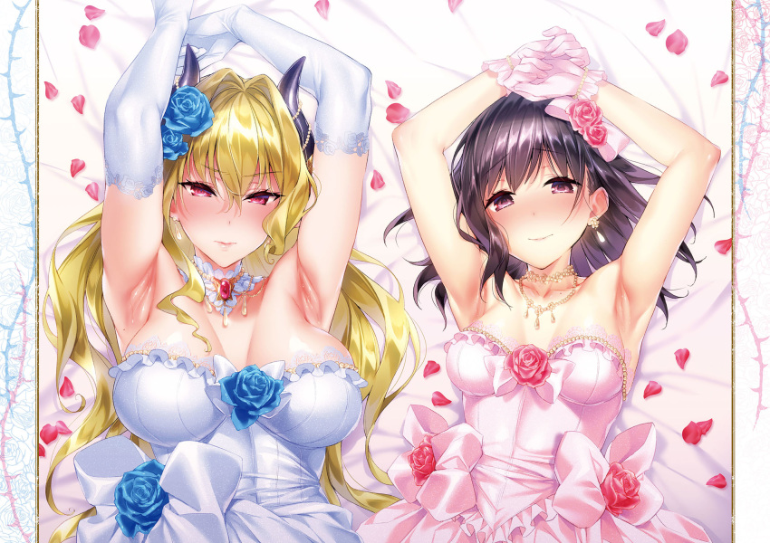 2girls armpits black_hair blonde_hair blue_dress blue_flower blue_gloves blue_rose blush breasts dress earrings elbow_gloves flower gloves hair_flower hair_ornament highres hizuki_akira jewelry large_breasts long_hair looking_at_viewer lying medium_breasts mole mole_on_armpit multiple_girls necklace on_back original pink_dress pink_eyes pink_flower pink_gloves pink_rose presenting_armpit rose smile stitched take_your_pick wedding_dress