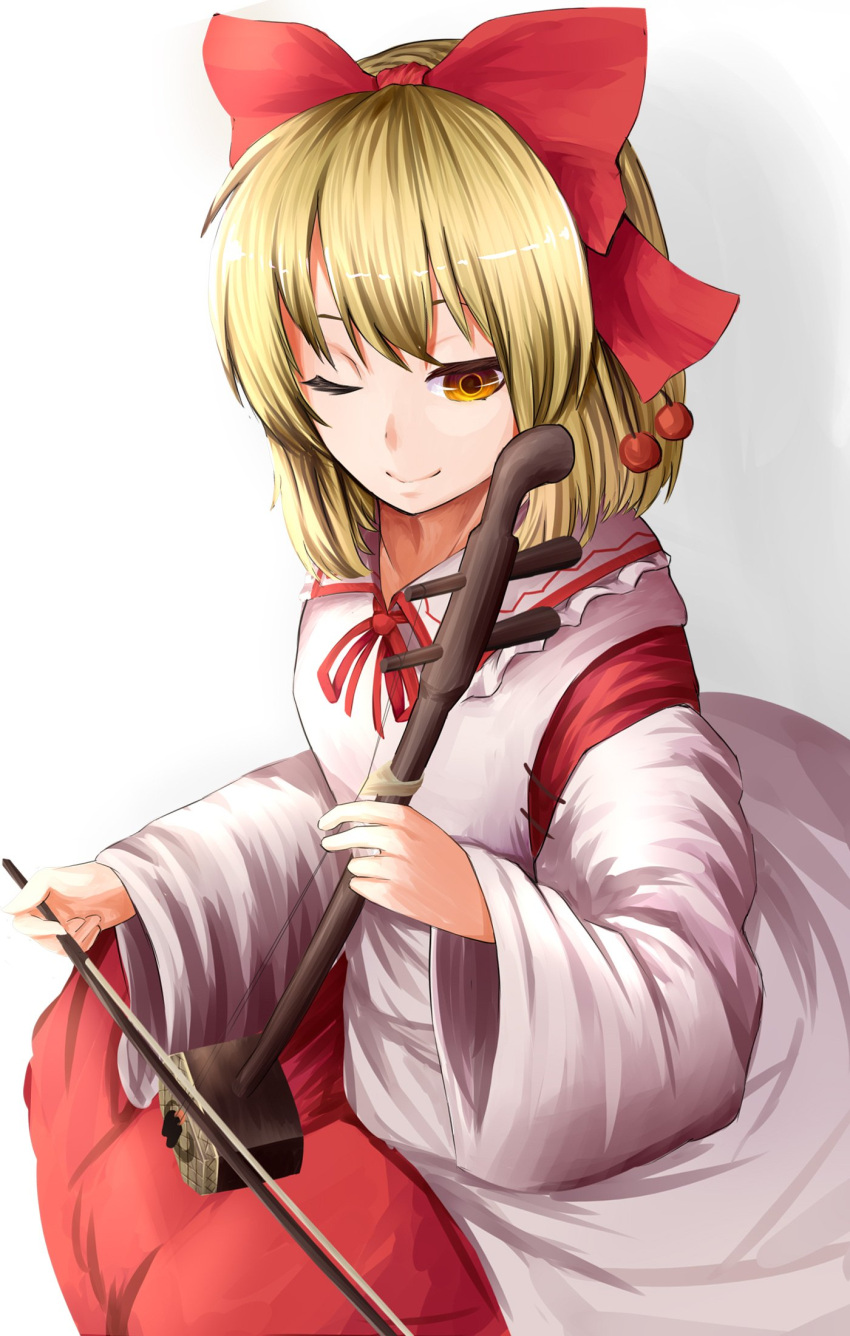 1girl blonde_hair bow breasts closed_mouth collared_shirt commentary_request detached_sleeves erhu frilled_shirt_collar frills hair_bow happy highres instrument japanese_clothes kamiya_ueshi long_skirt long_sleeves medium_breasts miko music one_eye_closed playing_instrument red_bow red_ribbon red_skirt ribbon satsuki_rin shirt simple_background skirt smile touhou white_background white_shirt white_sleeves wide_sleeves yellow_eyes