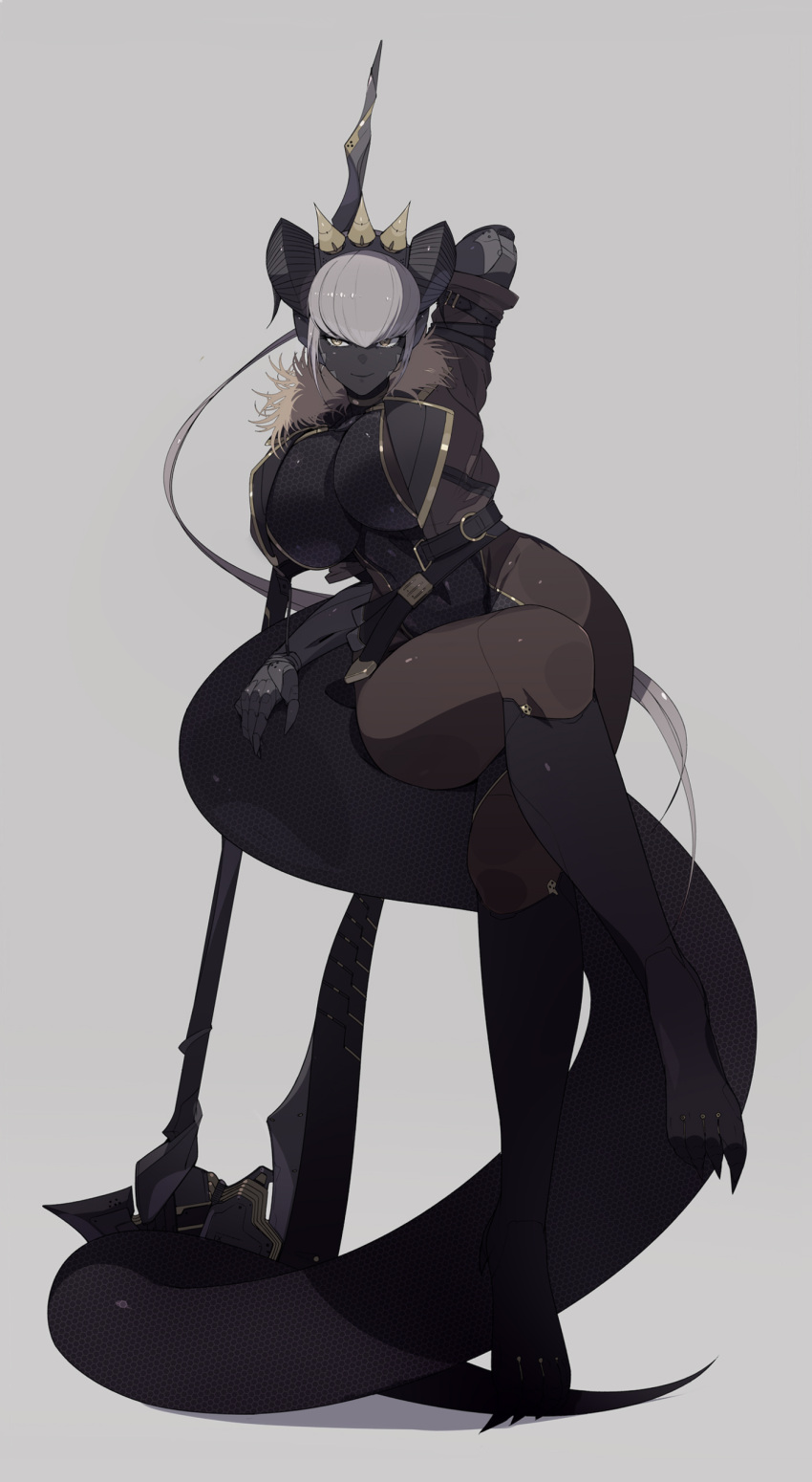 &gt;:) 1girl absurdres arm_up bangs belt breasts brown_legwear closed_mouth commentary crossed_legs dark_skin full_body grey_background grey_hair hair_between_eyes highres holding holding_weapon large_breasts legs long_hair looking_at_viewer original pantyhose simple_background smile solo symbol-only_commentary tail thighs ub1mo v-shaped_eyebrows weapon yellow_eyes