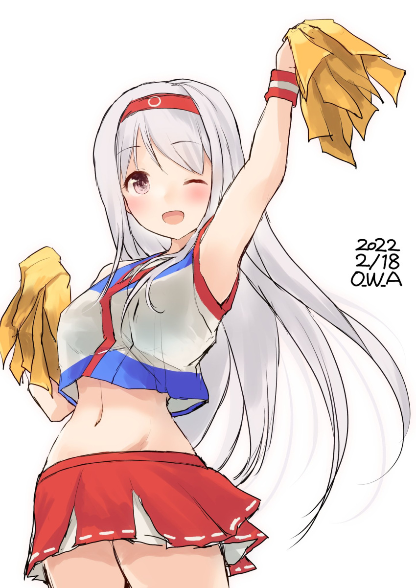 1girl alternate_costume brown_eyes cheering cheerleader cowboy_shot crop_top crop_top_overhang headband highres holding holding_pom_poms kantai_collection long_hair looking_at_viewer midriff one-hour_drawing_challenge one_eye_closed owa_(ishtail) pleated_skirt pom_pom_(cheerleading) red_headband red_skirt shoukaku_(kancolle) simple_background skirt solo white_background white_hair