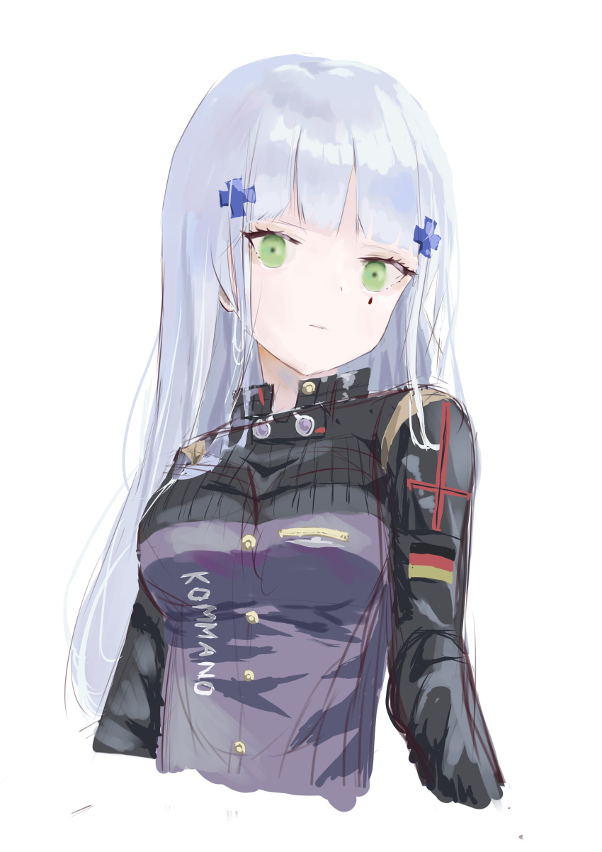 1girl absurdres bangs breasts closed_mouth cropped_torso eyebrows_visible_through_hair german_flag girls_frontline green_eyes hair_ornament hairclip highres hk416_(girls'_frontline) light_blue_hair long_hair looking_at_viewer medium_breasts solo tactical_clothes teardrop_facial_mark teardrop_tattoo uniform upper_body wh1te white_background