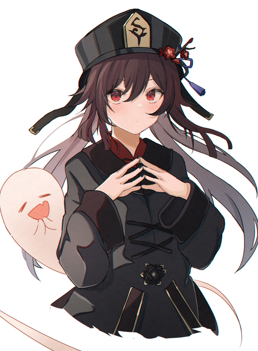 1girl black_headwear blush brown_hair chinese_clothes closed_eyes genshin_impact ghost hat highres hu_tao_(genshin_impact) long_sleeves red_eyes simple_background smile top_hat white_background yui081