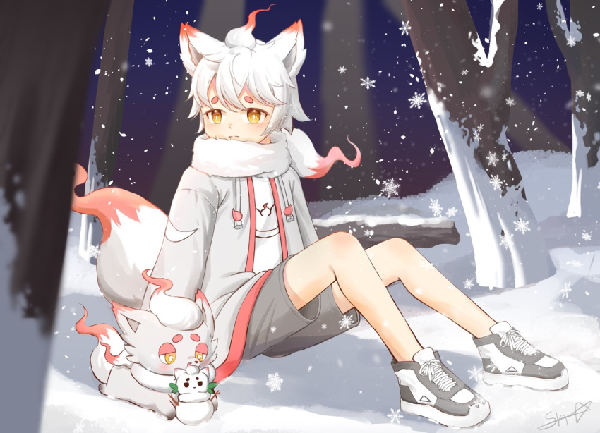 1boy animal_ears brown_eyes grey_footwear hisuian_zorua jacket outdoors personification pokemon scarf shoes shorts siho_chi0307 sitting sneakers snow snowflakes tree white_hair white_scarf
