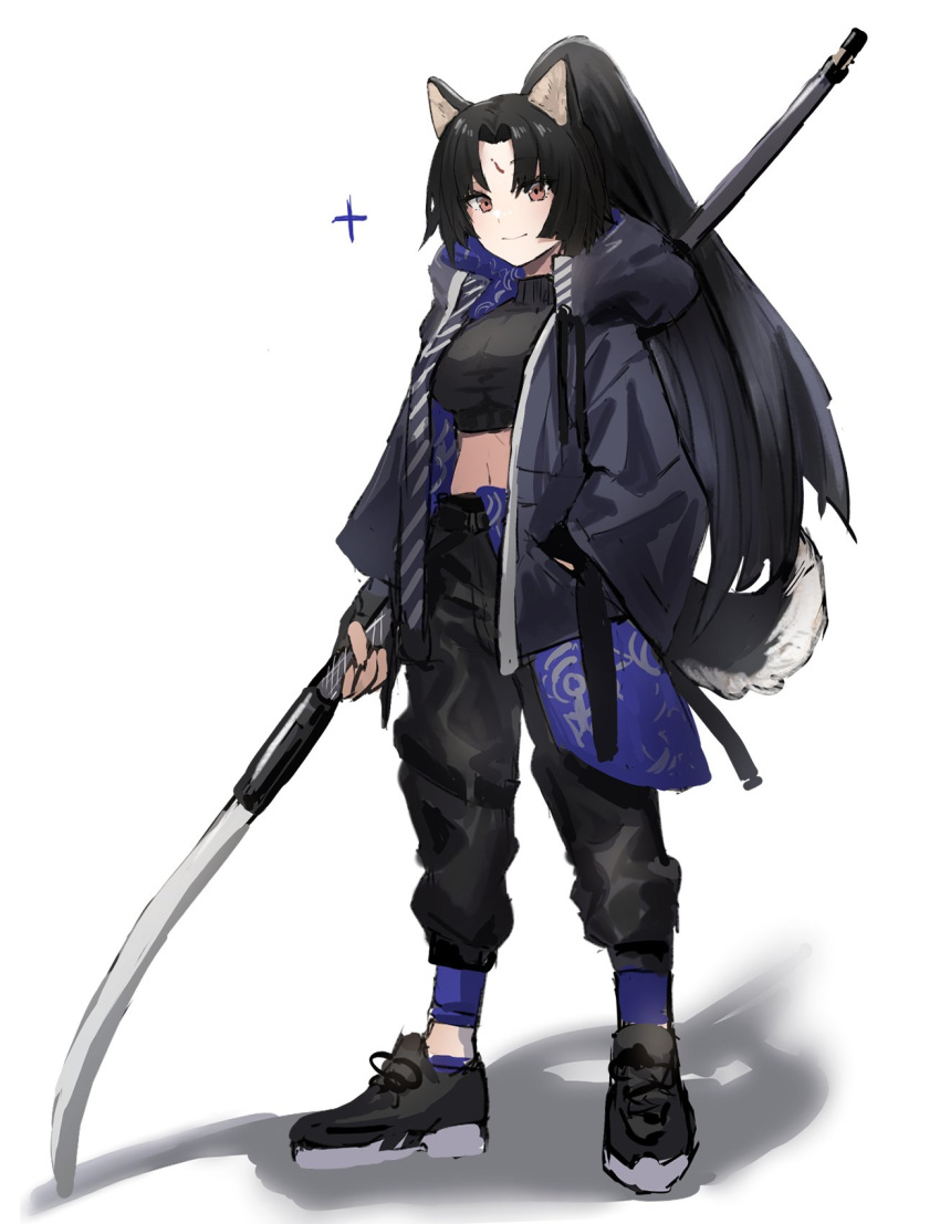 1girl adapted_costume alternate_hairstyle animal_ears arknights black_footwear black_hair black_jacket black_pants black_shirt brown_eyes crop_top dog_ears dog_girl dog_tail facial_mark forehead_mark full_body hand_in_pocket highres holding holding_polearm holding_weapon hood hood_down hooded_jacket jacket long_hair looking_at_viewer midriff naginata open_clothes open_jacket pants polearm ponytail raw_egg_lent saga_(arknights) shadow shirt shoes simple_background smile solo tail very_long_hair weapon white_background
