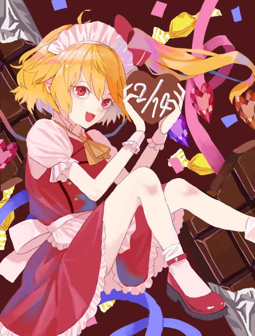 1girl apron ascot back_bow bangs blonde_hair bow breasts brown_ascot buttons candy chocolate collared_shirt commentary_request dress eyebrows_visible_through_hair fang flandre_scarlet food frills hair_between_eyes hair_ribbon hands_up heart highres looking_at_viewer maid maid_headdress medium_breasts nanasuou one_side_up open_mouth puffy_short_sleeves puffy_sleeves red_dress red_eyes red_footwear red_ribbon ribbon shirt shoes short_hair short_sleeves smile socks solo touhou white_apron white_bow white_legwear white_shirt wrist_cuffs
