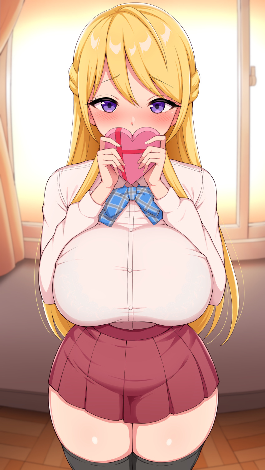1girl aikome_(haikome) bangs black_legwear blonde_hair blush bow bowtie box breast_squeeze breasts covered_mouth evening eyebrows_visible_through_hair from_above gift gift_box hair_between_eyes hallway heart-shaped_box highres indoors large_breasts long_hair long_sleeves looking_at_viewer miniskirt original plaid plaid_bow plaid_bowtie pleated_skirt red_skirt school school_uniform shirt shirt_tucked_in shy skirt swept_bangs taut_clothes taut_shirt thick_thighs thigh-highs thighs valentine violet_eyes white_shirt window zettai_ryouiki