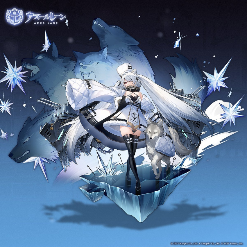 1girl artillery artist_request azur_lane bangs bare_shoulders black_dress black_footwear blush boots breasts chain coat commentary_request double_bun dress fur-trimmed_dress fur_trim hair_cones hair_over_one_eye high_collar high_heel_boots high_heels highres ice jacket kiev_(azur_lane) layered_dress long_hair looking_at_viewer magic official_art one_eye_covered open_clothes open_coat oversized_clothes promotional_art red_eyes reflection rigging short_dress skirt sleeves_past_fingers sleeves_past_wrists small_breasts thigh-highs thigh_boots turret twintails two-tone_dress very_long_sleeves white_coat white_dress white_hair wolf zettai_ryouiki