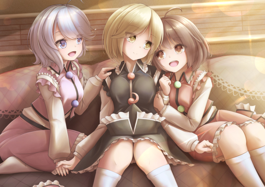 3girls :d absurdres bangs blonde_hair blue_eyes blue_hair brown_eyes brown_hair closed_mouth collarbone couch eyebrows_visible_through_hair frilled_hat frills hat hat_removed headwear_removed highres indoors long_sleeves looking_at_another lunasa_prismriver lyrica_prismriver merlin_prismriver messiah_&amp;_crea multiple_girls open_mouth short_hair siblings sisters sitting smile touhou white_legwear yellow_eyes