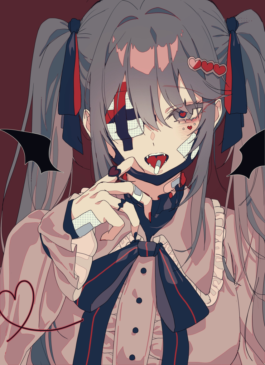 1girl absurdres bandage_on_face bandages bangs black_bow black_mask black_nails black_ribbon bow bowtie buttons commentary eyebrows_visible_through_hair eyelashes eyepatch fangs frilled_skirt frills gothic grey_eyes grey_hair hair_between_eyes hair_intakes hair_ornament hair_ribbon hand_up hatsune_miku heart heart-shaped_pupils heart_of_string highres kithera long_hair looking_at_viewer mask mask_removed medical_eyepatch multicolored_nails pill pink_skirt red_background red_nails ribbon sidelocks simple_background skirt solo symbol-shaped_pupils tongue tongue_out twintails vampire_(vocaloid) vocaloid