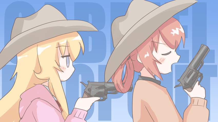 2girls artist_request bangs blonde_hair blue_eyes blush brown_headwear closed_eyes commentary_request copyright_name cowboy_hat eyebrows_visible_through_hair from_side gabriel_dropout gabriel_tenma_white gun hair_rings hat highres holding holding_gun holding_weapon long_hair long_sleeves looking_at_another multiple_girls open_mouth orange_sweater pink_sweater pointing_at_another profile redhead satanichia_kurumizawa_mcdowell sweater weapon