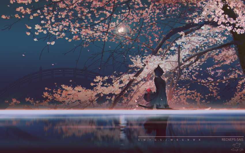 1boy artist_logo blue_hair branch bridge crescent_moon facing_away flower hat holding holding_flower kaito_(vocaloid) katana kneeling looking_up male_focus military military_uniform moon night red_flower red_rose reflection reflective_water rose scenery sheath sheathed short_hair signature solo spencer_sais sword tree uniform vocaloid weapon