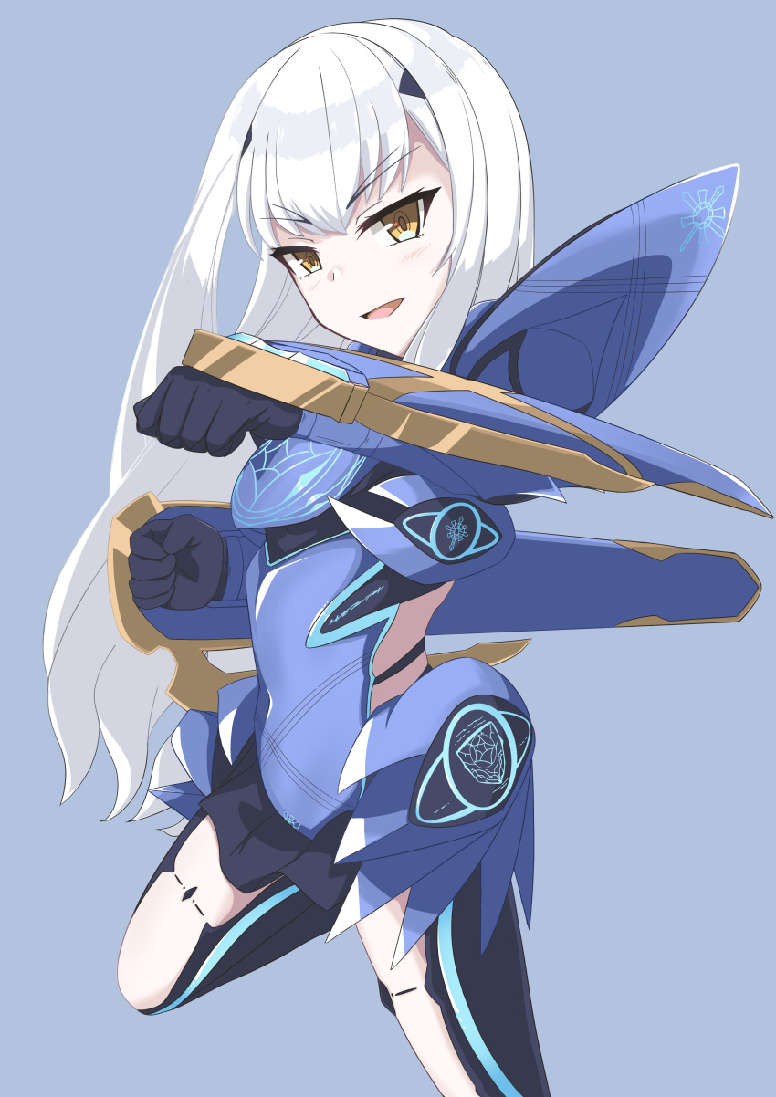 1girl absurdres arm_guards armor bangs blue_background eyebrows_visible_through_hair fairy_knight_lancelot_(fate) fate/grand_order fate_(series) highres long_hair looking_at_viewer mecha_musume open_mouth riichi_(yamataku0) silver_hair simple_background smile solo standing white_hair yellow_eyes