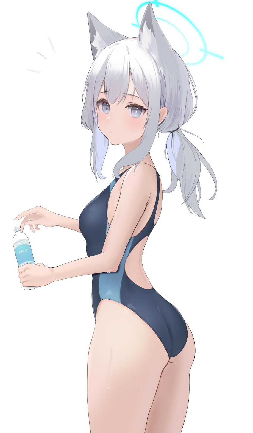 1girl absurdres animal_ear_fluff animal_ears ass blue_archive blue_eyes blue_swimsuit bottle commentary_request competition_swimsuit cowboy_shot grey_hair halo highres looking_at_viewer low_ponytail medium_hair one-piece_swimsuit shiroko_(blue_archive) simple_background solo standing swimsuit white_background xochi_(nueeen6978)