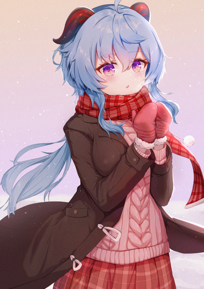 1girl absurdres bangs blue_hair bolinger brown_coat coat cowboy_shot ganyu_(genshin_impact) genshin_impact goat_horns gradient gradient_background hair_between_eyes highres horns long_hair looking_at_viewer mittens open_clothes open_coat open_mouth pink_sweater plaid plaid_scarf plaid_skirt red_scarf red_skirt scarf skirt snowing sweater violet_eyes visible_air