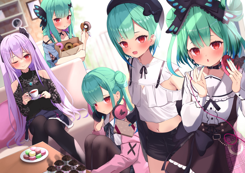 5girls :d ;) bag bangs black_collar black_headwear black_ribbon black_shirt blue_hair blue_shirt blue_skirt blush brown_skirt butterfly_hair_ornament closed_mouth clothing_cutout collar commentary_request cup double_bun doughnut ear_piercing eyebrows_visible_through_hair food green_hair hair_ornament hair_ribbon hat headphones headphones_around_neck highres holding holding_bag holding_cup holding_food holding_saucer hololive jacket long_hair long_sleeves looking_at_viewer midriff multicolored_hair multicolored_nails multiple_girls multiple_persona nail_polish navel one_eye_closed open_clothes open_jacket piercing pink_jacket plate red_eyes ribbon saki_(saki_paint) saucer shirt short_hair short_shorts shorts shoulder_cutout sitting skirt smile standing streaked_hair thigh-highs two_side_up uruha_rushia very_long_hair virtual_youtuber white_shirt