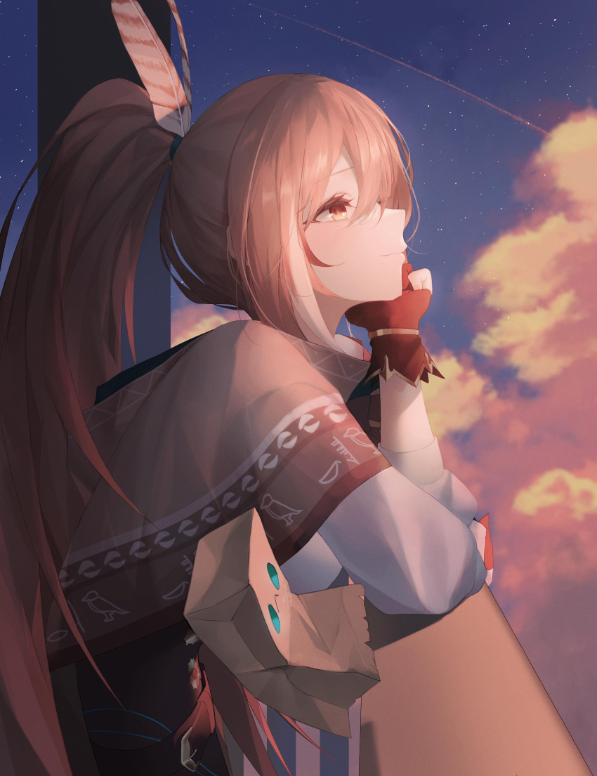1girl absurdres bangs belt brown_capelet brown_cloak brown_corset brown_eyes brown_hair cape capelet cloak clouds cloudy_sky corset dodari feather_hair_ornament feathers friend_(nanashi_mumei) gloves hair_ornament head_on_hand hieroglyphics highres hololive hololive_english long_hair looking_up multicolored_hair nanashi_mumei partially_fingerless_gloves pillar ponytail railing shirt shooting_star sky smile star_(sky) starry_sky streaked_hair sunrise virtual_youtuber white_shirt