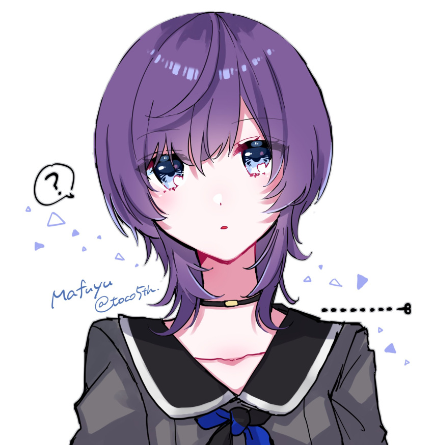 ? alternate_hair_length alternate_hairstyle asahina_mafuyu blue_eyes character_name choker collarbone commentary_request cut-here_line highres project_sekai purple_hair ribbon school_uniform scissors short_hair toco5th white_background