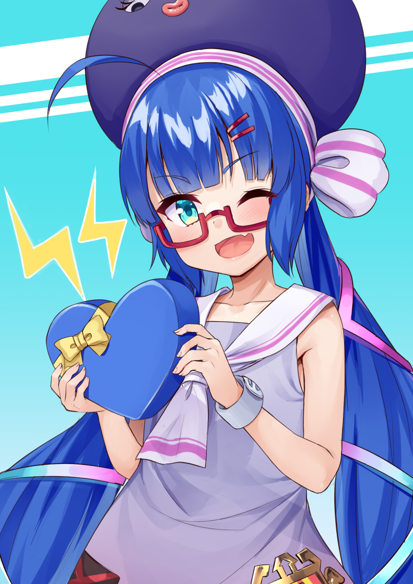 1girl absurdres ahoge bangs bare_arms blue_eyes blue_hair blunt_bangs blush box collar commentary eel_hat fang glasses hair_ornament hairclip heart-shaped_box highres holding holding_box large_hat lightning_bolt_symbol long_hair looking_at_viewer neckerchief one_eye_closed open_mouth otomachi_una purple_headwear purple_shirt red-framed_eyewear sailor_collar semi-rimless_eyewear shirt skin_fang sleeveless sleeveless_shirt smile solo talkex tenneko_yuuri twintails valentine very_long_hair vocaloid voiceroid white_collar white_neckerchief wristband
