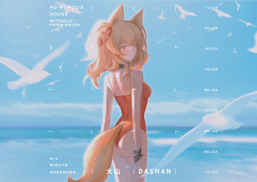 1girl absurdres angelina_(arknights) angelina_(summer_flowers)_(arknights) animal_ears arknights artist_name ass bangs bare_shoulders bird blue_sky bracelet breasts brown_hair casual_one-piece_swimsuit collar cowboy_shot day english_text eyebrows_visible_through_hair fox_ears fox_girl fox_tail hair_ribbon highres horizon infection_monitor_(arknights) jewelry long_hair medium_breasts ocean official_alternate_costume one-piece_swimsuit orange_eyes outdoors parted_lips red_ribbon red_swimsuit ribbon seagull sky solo swimsuit tail thigh_strap twintails water
