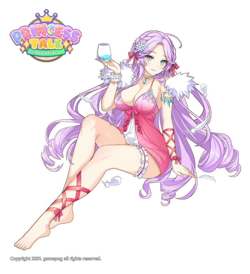 1girl absurdres ahoge arm_support blue_eyes blush breasts cup drill_hair drinking_glass earrings feathers full_body hair_ornament hair_ribbon highres jewelry lingerie long_hair looking_at_viewer maett medium_breasts negligee official_art parted_lips princess_tale_adventure purple_hair ribbon sitting smile snowflake_hair_ornament solo underwear very_long_hair wine_glass